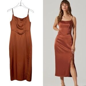 ASTR The Label Rust Corset Women’s Square Neck Strappy Satin Midi Dress Sz M